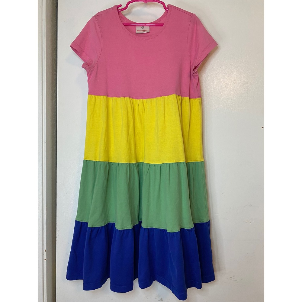 Hanna Andersson Kids Pink Yellow Green Blue Tiered Colorblock Cotton Dress 130